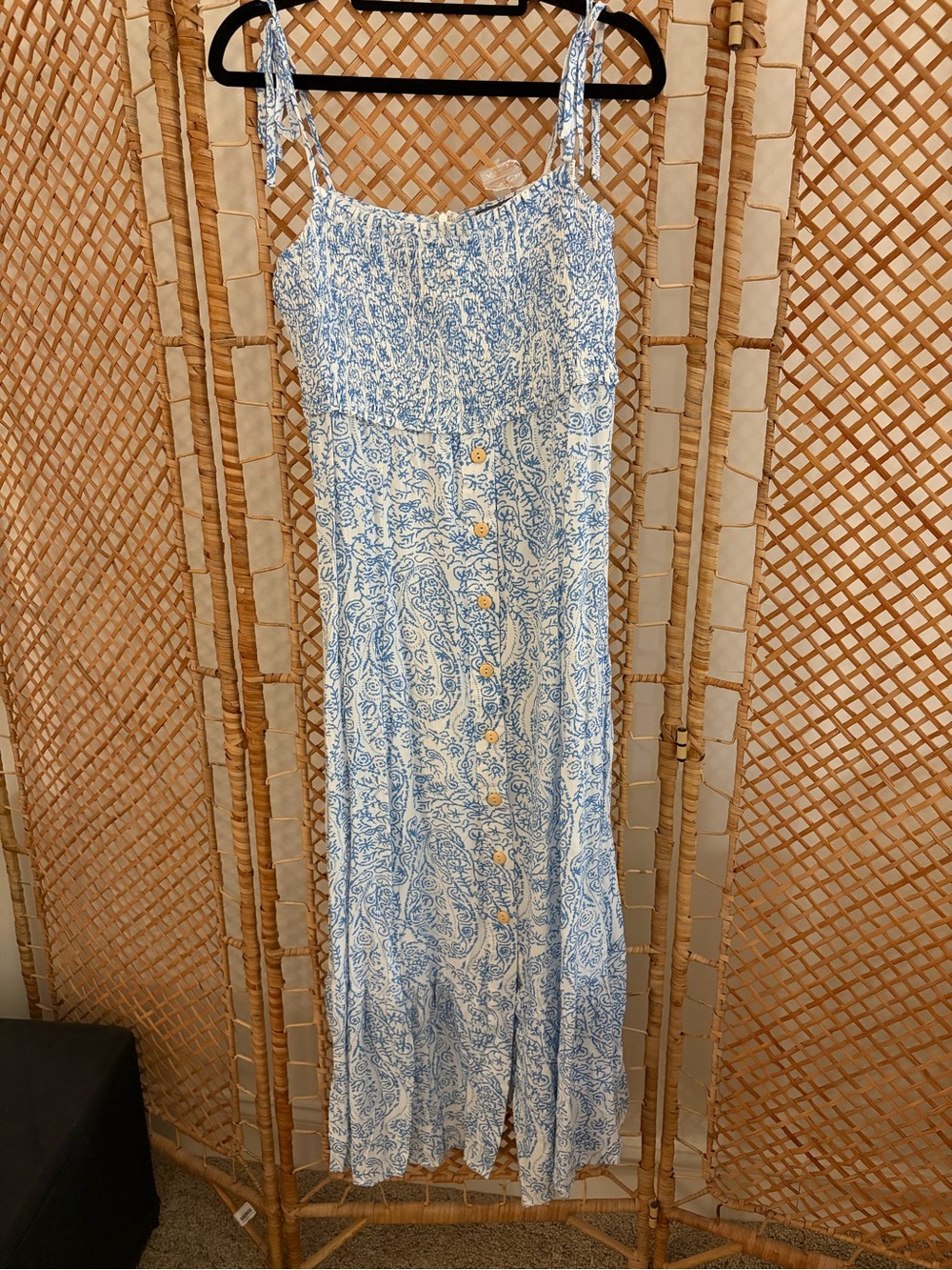NWT Blue Paisley Smocked Midi Dress with Button Front & Adjustable Tie Straps